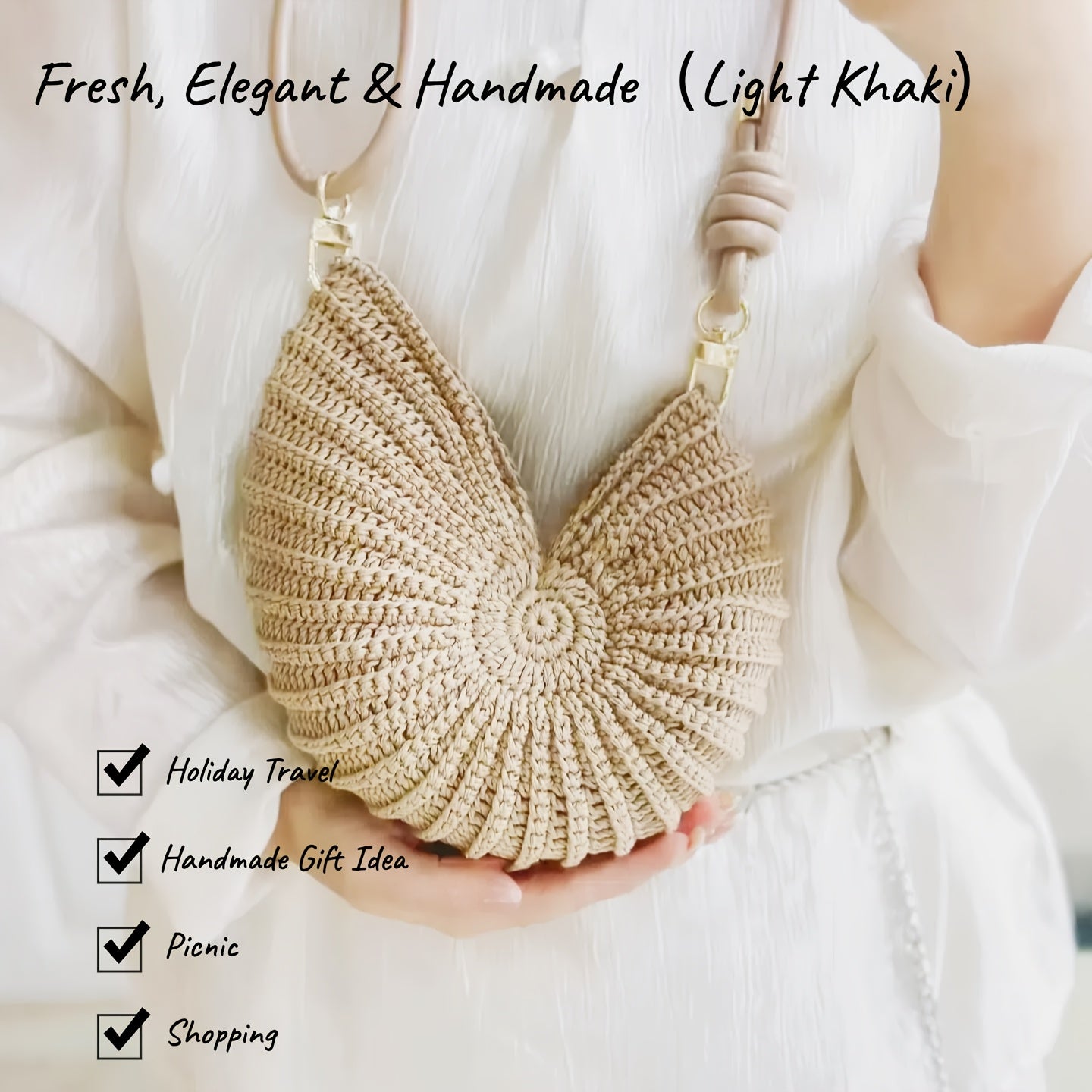 Complete DIY Handmade Seashell Crochet Tote Bag Kit for Beginners - All-in-One Craft with Striped Yarn, Hook & Step-by-Step Guide (Khaki/Turquoise) - Create Your Own Handmade Gift, Beach Bag, -Shaped Purse with Tools Included