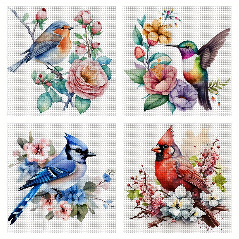 4pcs Floral Bird Cross Stitch Kit - DIY 11CT Printed Animal Series, 7.87x7.87inch, Includes Tools, Threads & Instructions - Perfect Gift for Craft and Art Lovers, All-Season Fabric Craft Kit, Crafting Supplies|Vibrant Cross S