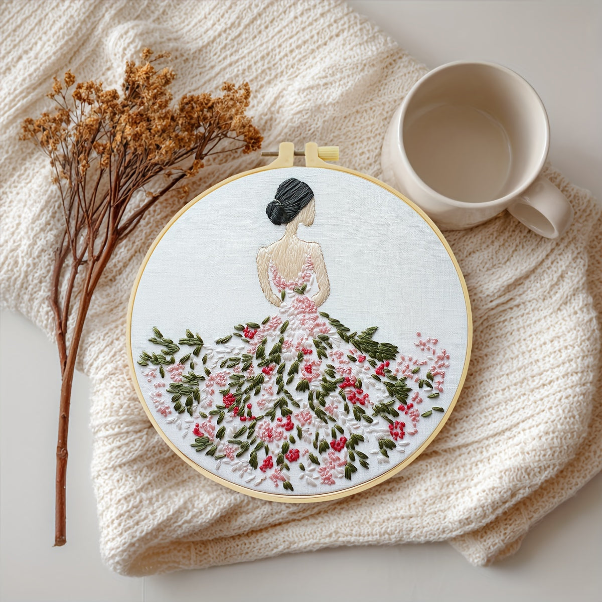 1pc JOZYSH Handmade DIY Dress Embroidery Kit for Adults & Beginners - Complete Set with Fabric, Threads, Hoop & Instructions - Pink/White Dress with Red Roses & Green Foliage - 20x20cm/7.9x7.9" Handcrafted Gift, Home Decor Ar