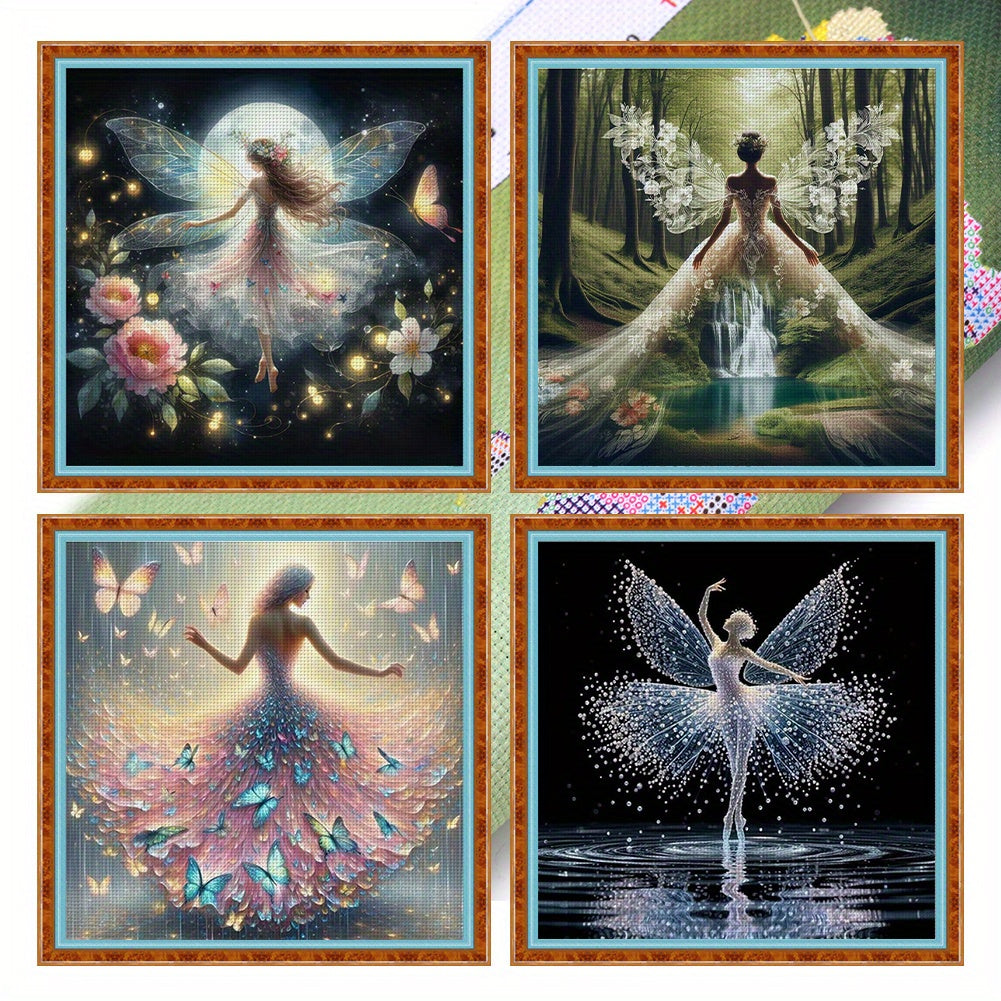 4pcs 11CT Butterfly Fairy Cross Stitch Kits with Pre-Printed Fabric & Threads - 4 Unique Fairy Designs (Moonlight, Forest, Waterfall, Dance) - Complete DIY Needlecraft Set for Wall Art, Housewarming & Holiday Gifts for Adults
