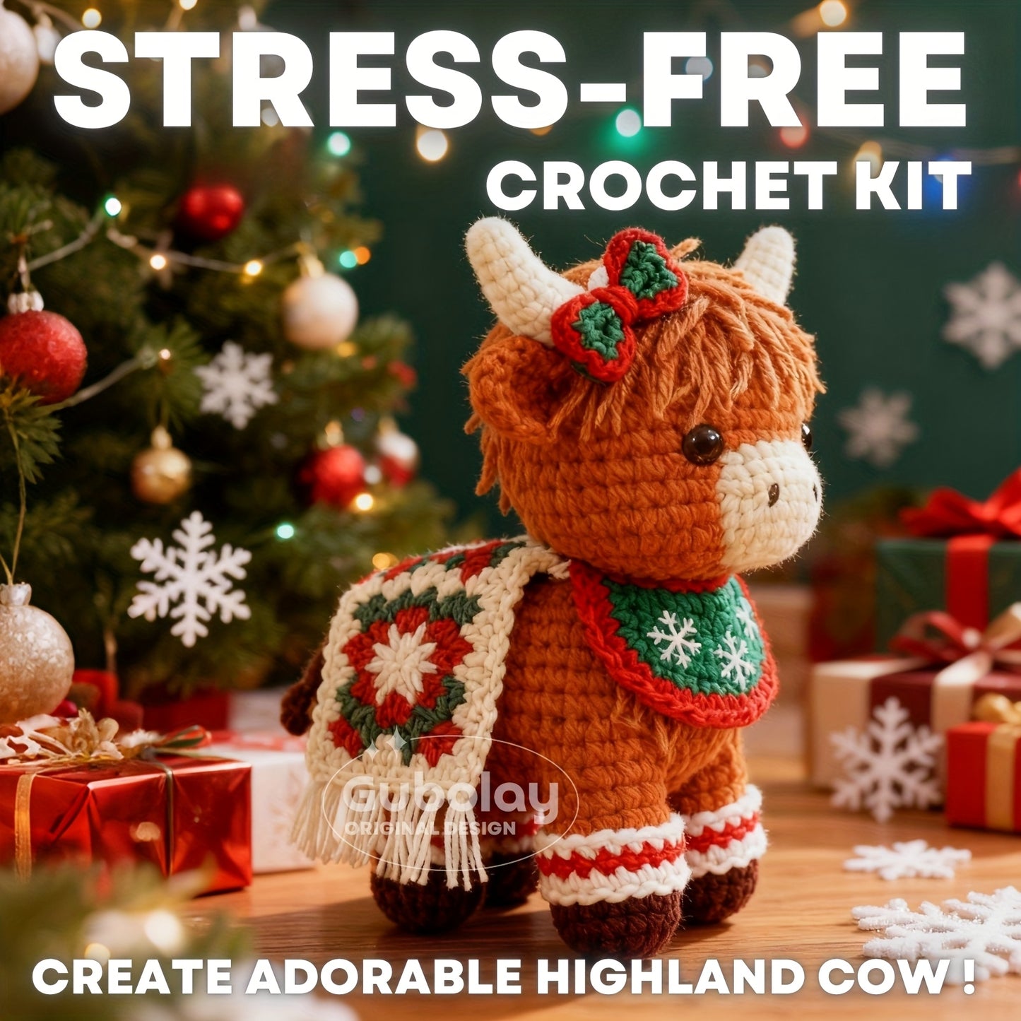 Christmas Highland Cow Crochet Starter Kit for Beginners - Step-by-Step Video Tutorial, Includes Pattern Guide, Soft Yarn & Hook with Accessories, Cute Amigurumi Animal Doll Design, Perfect Holiday Gift for Knitting Enthusias