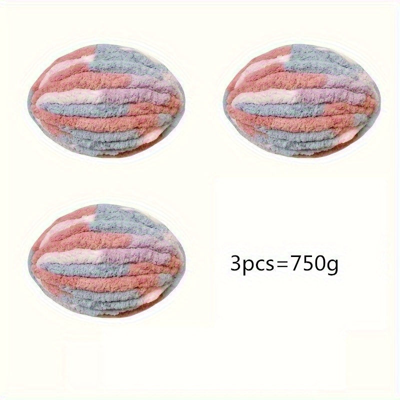 3pcs Set Super Bulky Thick Ice Yarn - Heavy-Duty Machine-Washable Chunky Braided/Ribbon Texture for DIY Knitting, Crocheting, Blankets, Hats, Scarves, Pet Beds - Gradient Color (Multicolor) Large-Scale Crafting