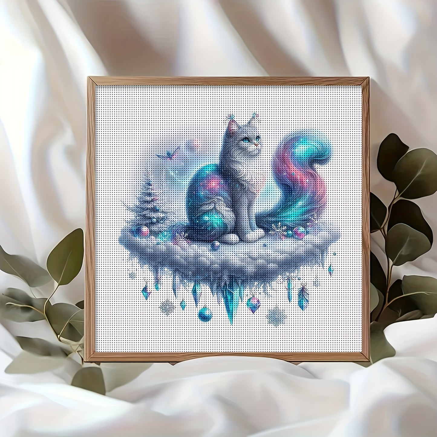 1 Set Complete DIY Cross-Stitch Painting Kit - White Turkish Van Cat with Turquoise Eyes & Pastel Colors (Pink/Blue/Purple/White/Gray/Black/Beige) - All-in-One Fabric with Numbered Threads & Color-Coded Chart - 11-Color Cross