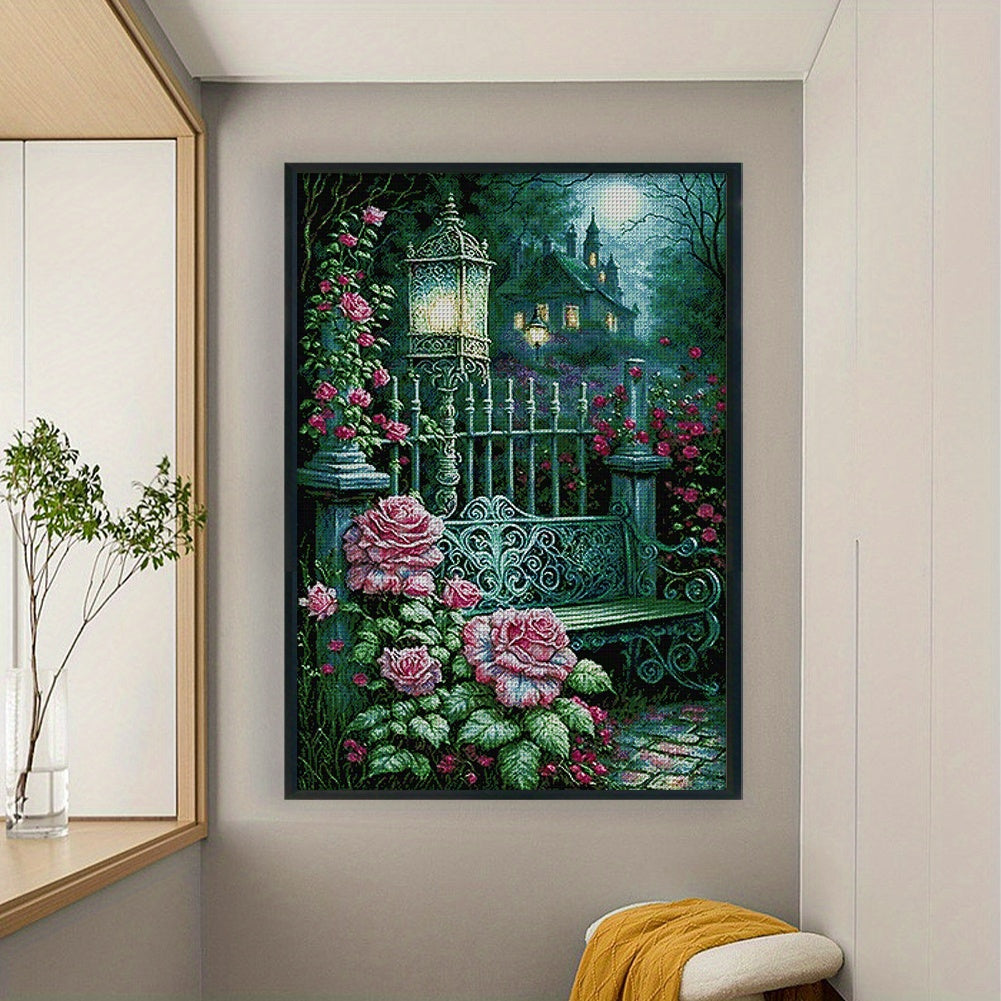 14CT Moonlight Rose Garden DIY Cross Stitch Kit - Enchanting Nighttime Garden Scene with Pink Roses & Lantern, Full Embroidery Thread, Ideal for Home & Office Decor, Perfect Gift for Adults & Beginners, 24.41x35.43inch, Cross