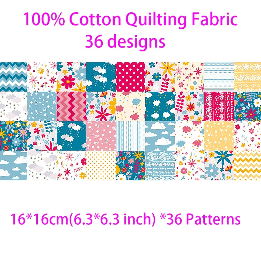 100% Cotton 36 Patterns 6.3 X 6.3inch Quilting Cloth Squares, Cotton Square Flower Craft Cloth Blocks Quilting Supplies for DIY Craft Sewing, Geometric Patterns, Home Textiles Handmade Quilting