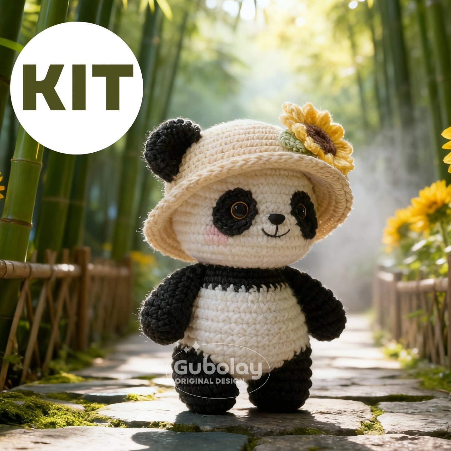 Straw Hat Panda Crochet Starter Kit for Beginner Adults | Stress-Free Craft Kit with Step-by-Step Video Tutorial | Includes Extra Soft Acrylic Yarn, Hook, and Accessories | Playful Amigurumi Animal Doll Kit for All Seasons