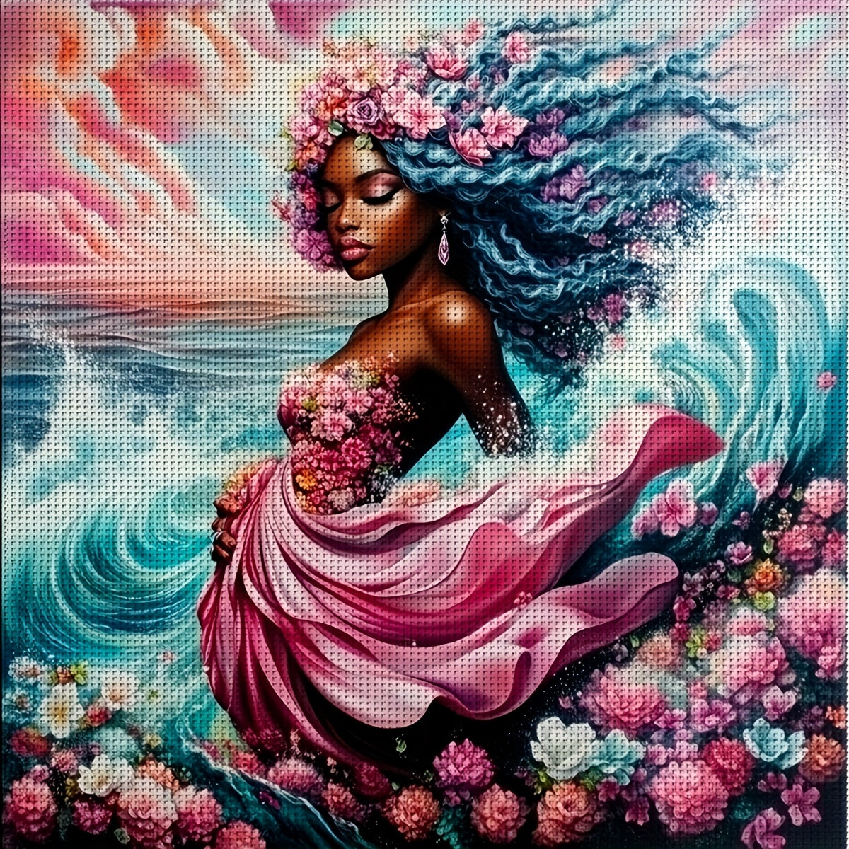 JOZYSH 1pc 40x40cm/15.7x15.7in Cross Stitch DIY Kit - Vibrant Wave & Flower Design with Black-Haired Woman, 11CT/14CT Embroidery Pattern for Beginners, Perfect for Bedroom or Living Room Wall Decor, Includes Canvas, Needle, T