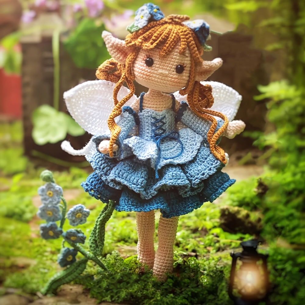 Complete DIY Crochet Kit for Adults: Handmade Fairy Girl Doll with Blue Flowers - Crochet Yarn & Hooks Set, Step-by-Step Instructions, Brown/White/Blue Yarn, All-Season Handicraft Project for Wedding Decor, Valentine's/Mother