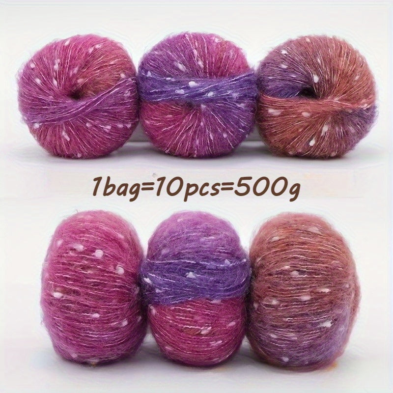 10pcs Starry Sky Gradient Long Staple Cashmere Yarn Rainbow Sugar Bean Color Dot Cashmere Wool Shake Velvet Yarn Handmade Knitting DIY Hollow Sweater, Hat, Scarf, Shawl, 50g/pc Total 500g