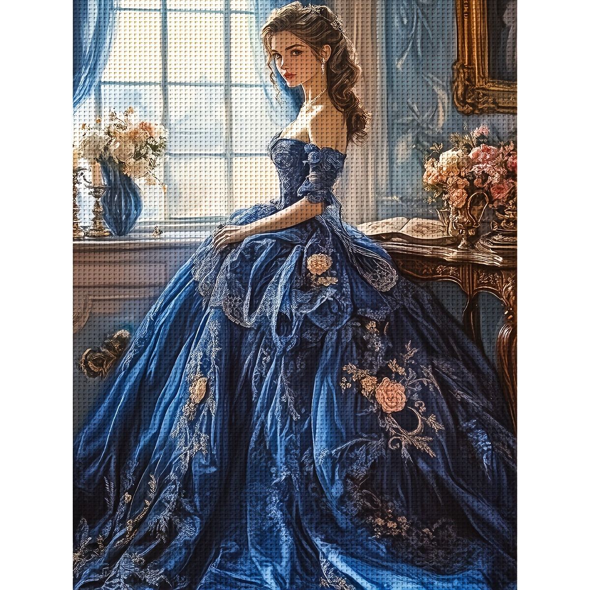 JOZYSH 1pc 11.81x15.75inch DIY Cross Stitch Kit - Elegant Blue Gown Woman with Floral Embroidery, All-Season Home Decor Art Gift for Living Room or Bedroom, Cross Stitch Craft Supplies, Embroidery Crafts|Elegant Gown Design|D
