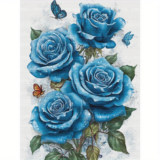 1pc DIY Floral Cross Stitch Kit - 13.8x17.7in 11CT Printed Fabric, Frameless, White & Blue Roses with Butterflies, Ideal for Home Wall Decor, Mother'S Day Gift, Sewing Crafts, Sewing Crafts|Butterfly Motif|Detailed Stitching,