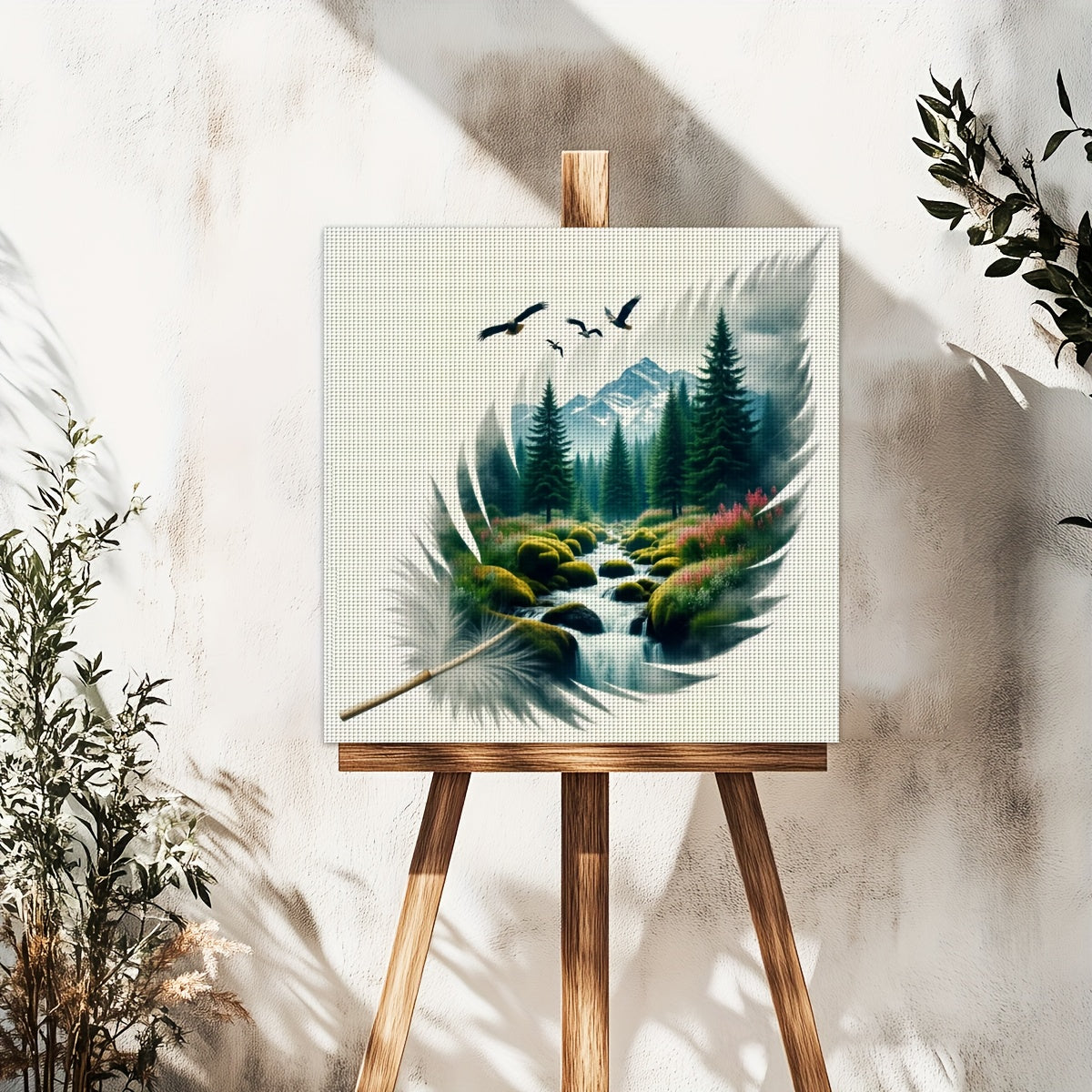 JOZYSH 1pc, 40x40cm/15.7x15.7in Cross Stitch Kit - Feather Landscape Wall Art, Detailed Mountain & River Scene with Birds, Ideal for Living Room or Bedroom Decor, All-Season Holiday Gift, Includes Printed Pattern, Fabric, Thr
