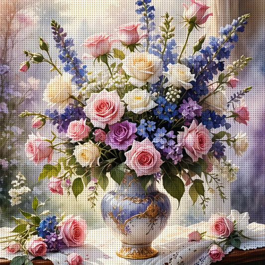 ZUOANLF 19.69x19.69inch DIY Cross Stitch Flower Bouquet Kit - Beautiful Roses and Wildflowers in Blue Vase, Unframed Fabric Art for Home Decor, Includes Pattern Fabric and Threads, Perfect for Living Room, Entryway, or Bedroo