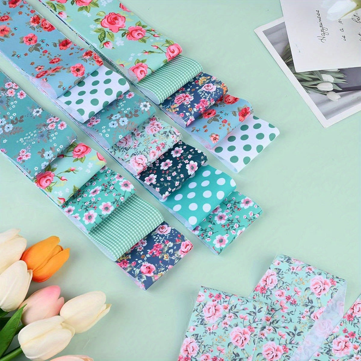 40pcs 6.5*50Cm (2.55*19.7In) Blue Floral Series Fabric Fabric Rolls, Long Quilted Patchwork Craft Fabric, DIY Patchwork Craft Materials, Patchwork Kits with Different Patterns, Hobbyist Pre-Cut DIY Handmade Doll Costumes And