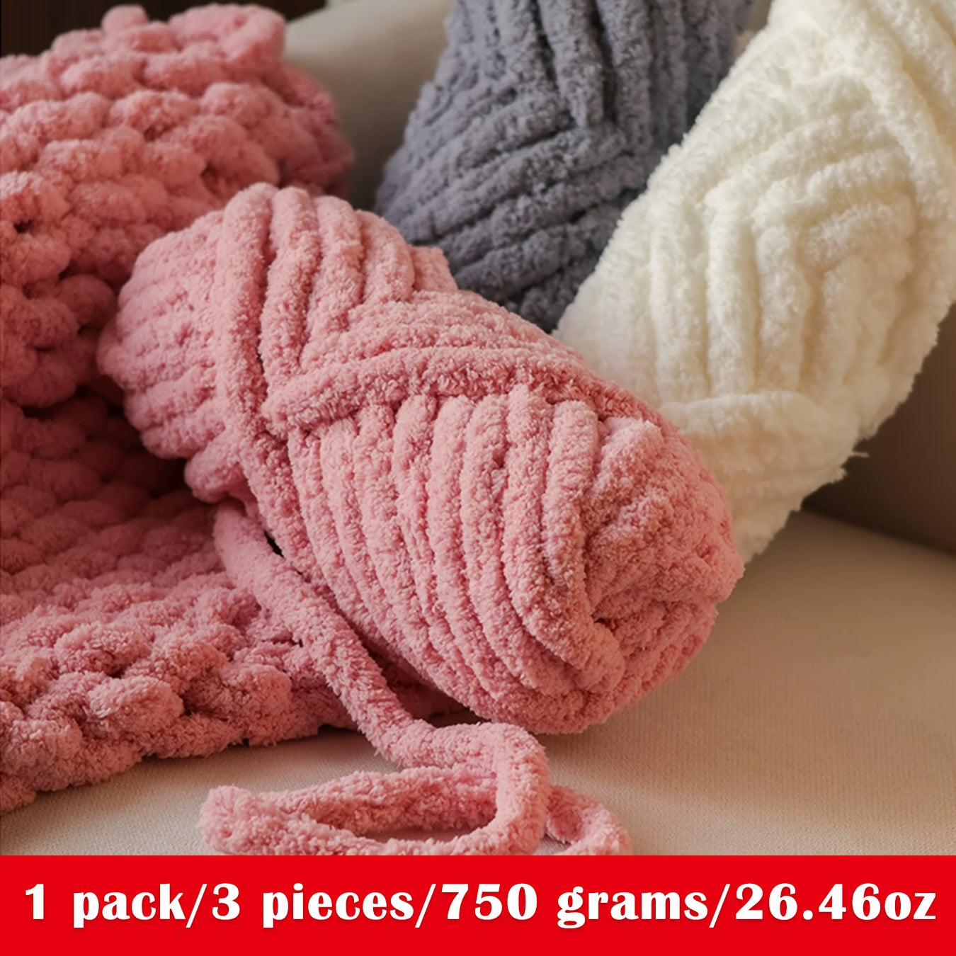 1 Pack/3 Balls/750g Large Roll Heavyweight Extra Thick Cat Tail Knitted Scarf Yarn Polyester Icelandic Yarn for Scarves, Hats, Rugs, Pet Beds, Chenille Yarn, Suitable for Blankets, Children's Blankets, and Soft Mats, Multiple