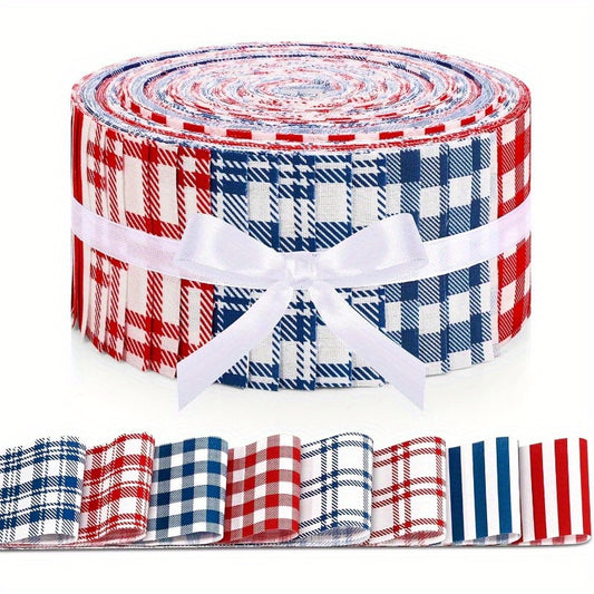 40pcs Red & Blue Plaid Quilted Patchwork Fabric - 6.5x50cm (2.55x19.7in) Geometric Pattern, DIY Craft Material for Holiday Decorations, Dolls, Bags, and Home Decor, Handmade Quilt Cover, Quilted Fabric, Bag Making, Festive De