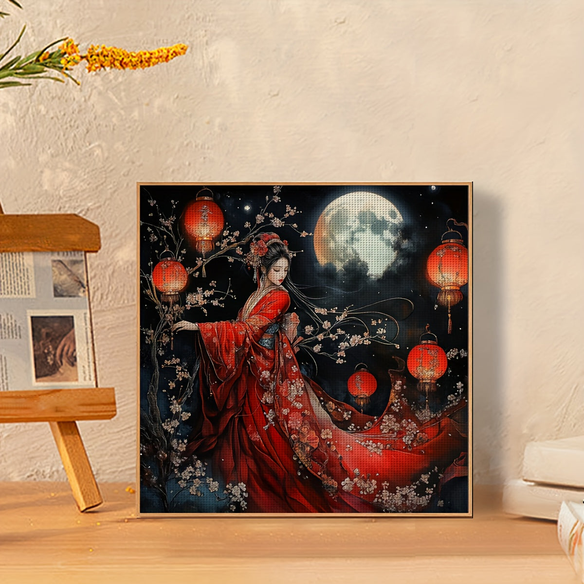 JOZYSH 11CT/14CT Cross Stitch Kit, Frameless Fabric Art with Pattern & Thread, Red Dress Beauty Surrounded by Lanterns & Cherry Blossoms Moonlight Scene, Home Decor for Living Room & Bedroom, DIY Craft Set, Home Decor Art|Mys