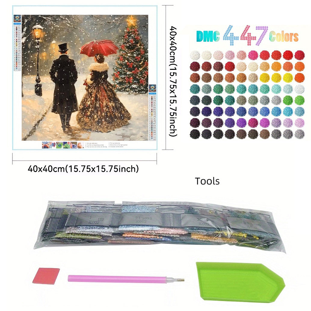 MAHUNIYA NEW 5D Diamond Painting Kit for Adults - Victorian Winter Couple & Christmas Tree Scene with Red Umbrella, Snowy Oil Painting Art, Frameless Full Drill Round Diamonds, 40x40cm/15.75x15.75in Victorian DIY Craft, Holid