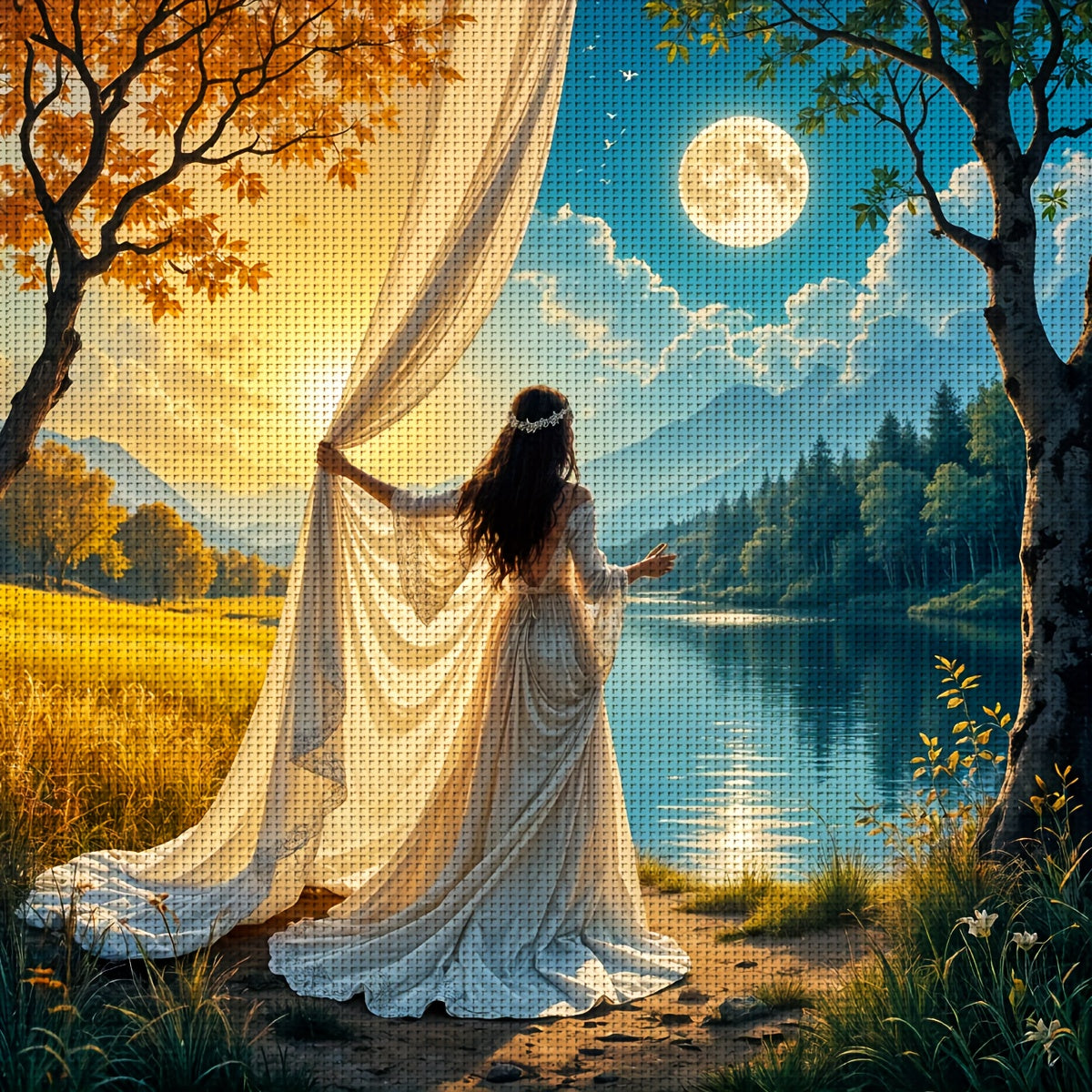 1pc JOZYSH Frameless Cross Stitch Kit for Adults & Beginners - Large 40x40cm/50x50cm (15.7x15.7"/19.7x19.7") DIY Complete Set with Pre-Printed Fabric Canvas, Threads, Needle & Instructions - Elegant Woman Portrait Handmade Wa