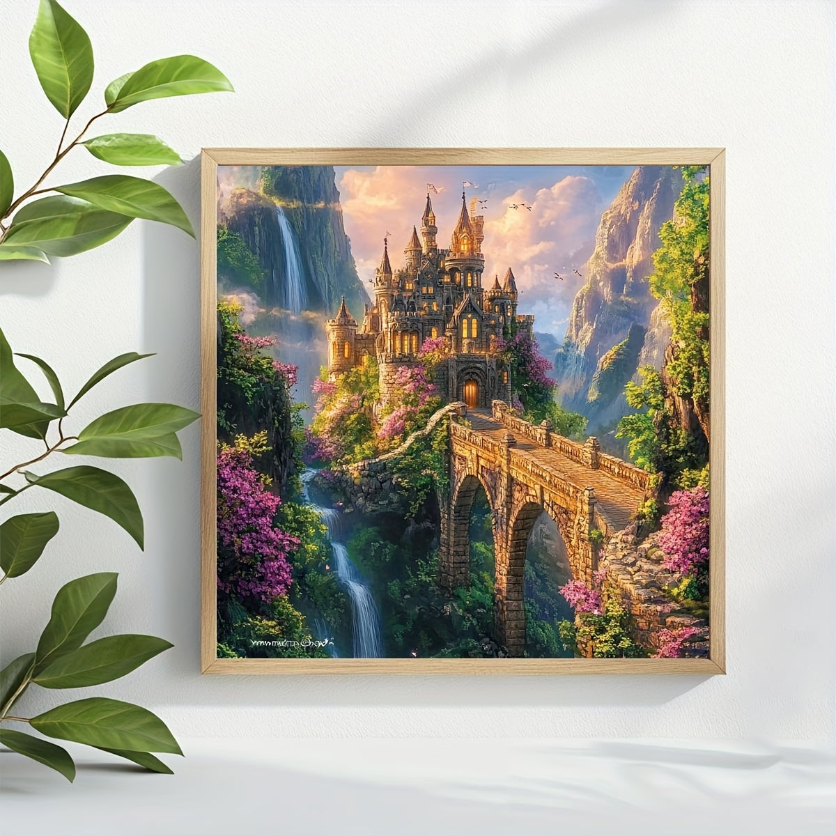 JOZYSH 1 Set Cross Stitch Adult Kit - Enchanted Castle in the Mountains 40x40cm/15.7x15.7in, 11CT/14CT, Landscape Art with Waterfall, Stone Bridge, and Vibrant Flowers, Beginner-Friendly, Includes Canvas, Needle, Thread, and