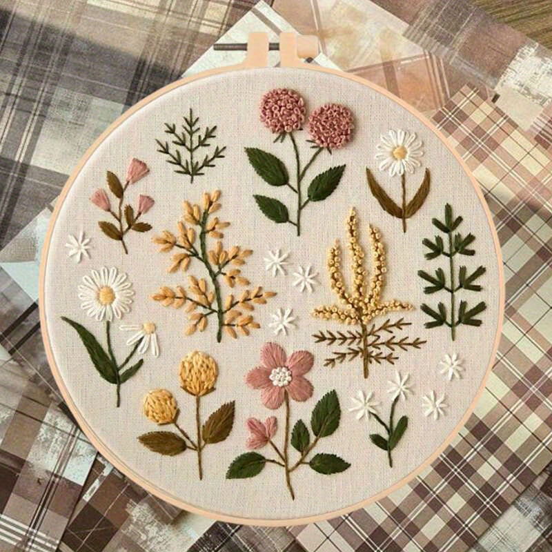 1pc Flower Pattern Embroidery Kit with Hoops Embroidery Starter Kit for Beginners Cross Stitch Kits Flowers And Plants Designs Home Office Decor