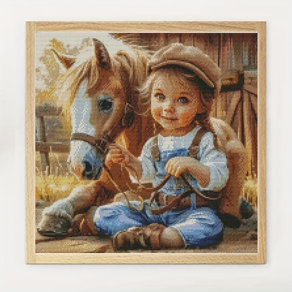 DIY Full 11CT Embroidery Cross Stitch Kits Rustic Charm Horse Companion Denim Outfit Pre Printed Aida Cloth Needles Threads Animal Cross Stitch Kit Home Decor Gift