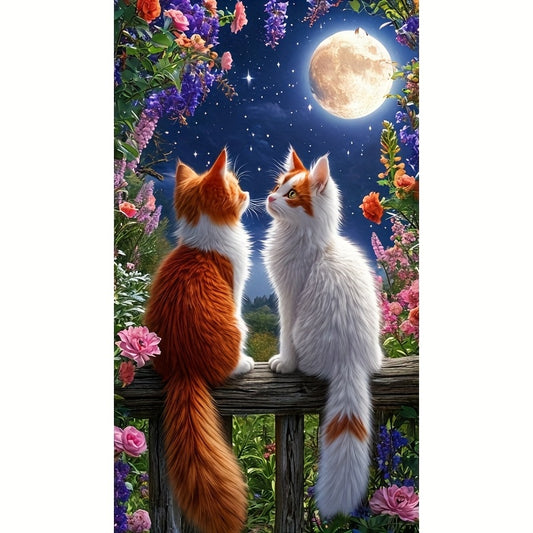 Moonlit Cats, for Adults, 5D DIY Full Drill Acrylic PMMA Round Diamond Art Kit, Beginner-Friendly Home Wall Decor Handmade Gift Set, Cat Wall Art, Cat Dimond Art, Cat Cross Stitch Kits, Relaxing Activity, Creative Hobby, Arti