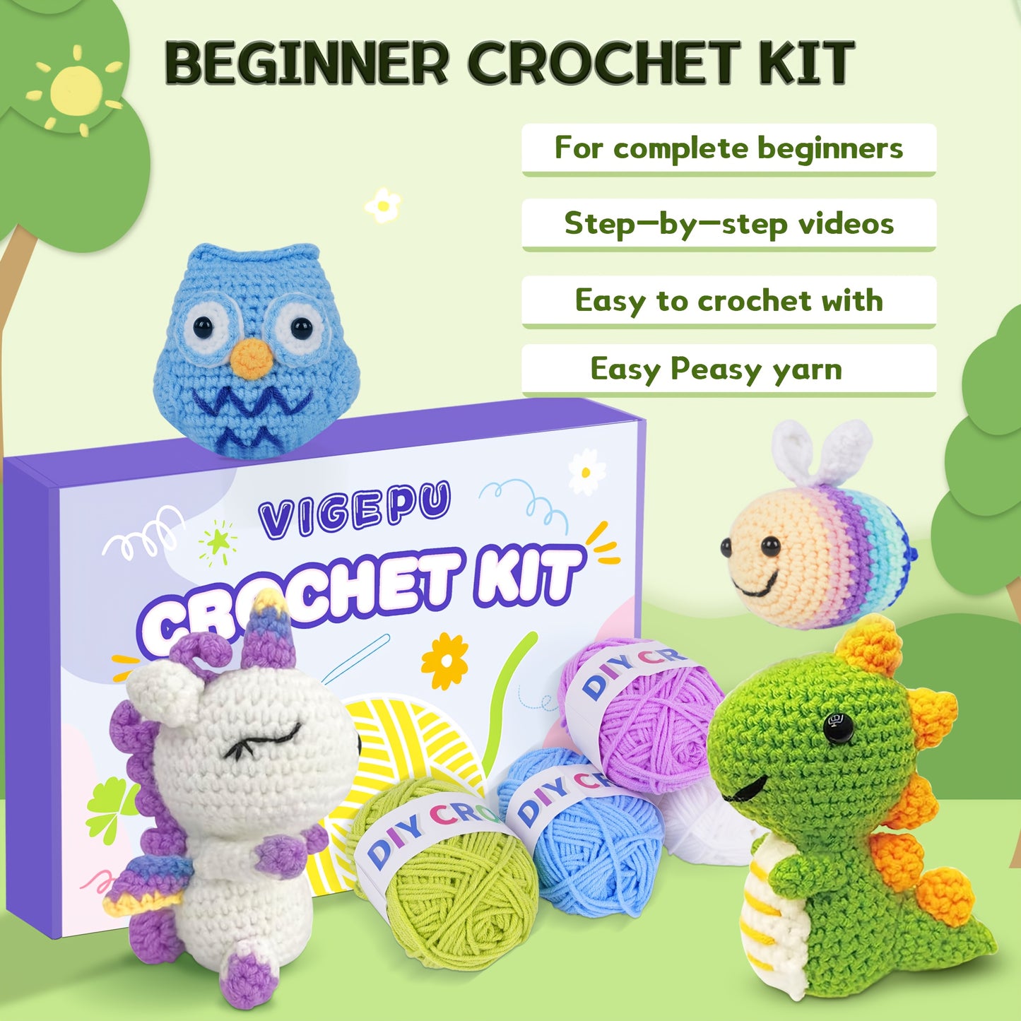 Fabric DIY Crochet Kit for Beginners - 6pcs Kawaii Amigurumi Animals Set, Mixed Color Yarn Plush Stuffed Animals, All Seasons Crafting Supplies