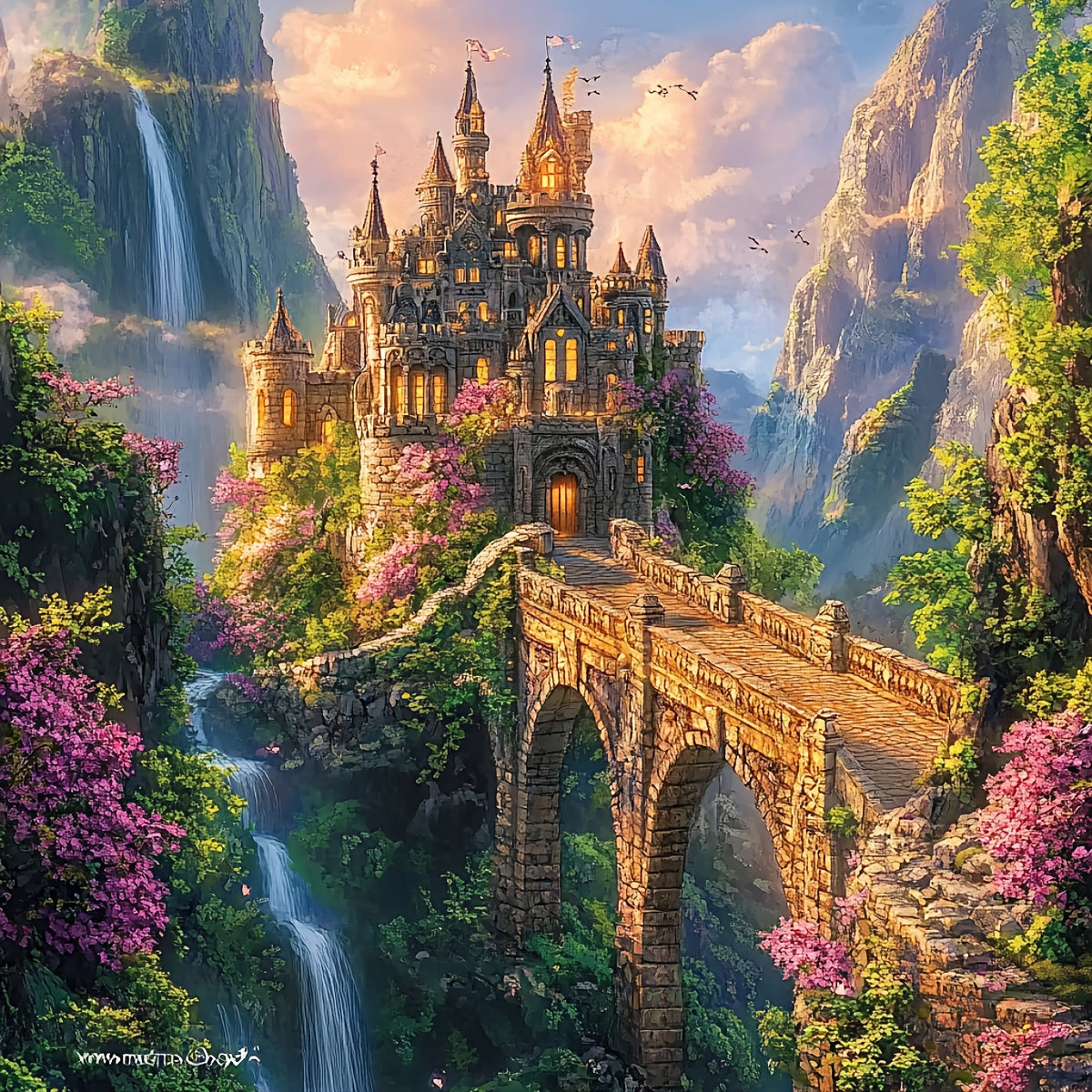 JOZYSH 1 Set Cross Stitch Adult Kit - Enchanted Castle in the Mountains 40x40cm/15.7x15.7in, 11CT/14CT, Landscape Art with Waterfall, Stone Bridge, and Vibrant Flowers, Beginner-Friendly, Includes Canvas, Needle, Thread, and