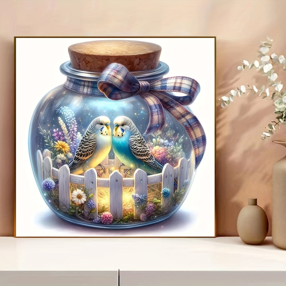 DIY Bead Embroidery Art 11CT Printed Canvas Romantic Budgie Pair in Glass Jar Threads Home Decoration Cross Stitch Kits Birds & Flowers Theme Needles Threads Gift Set