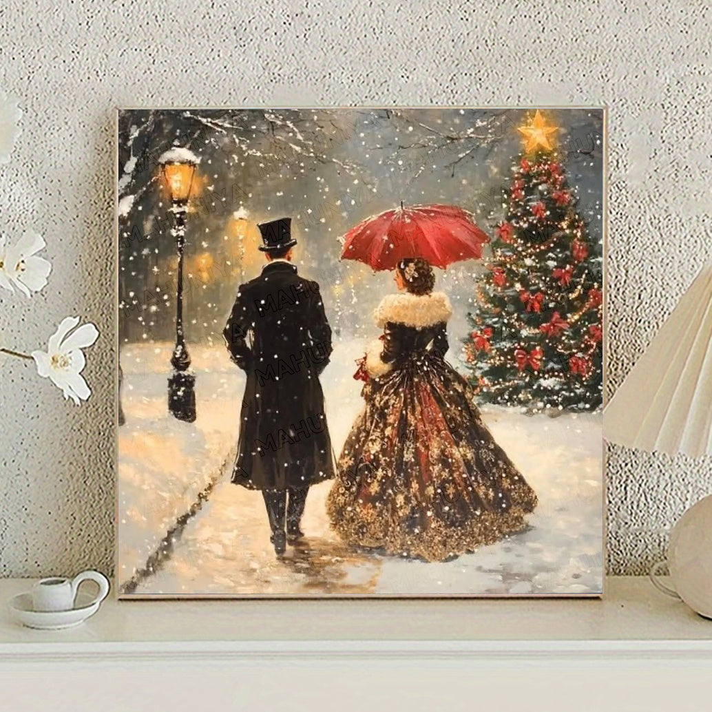 MAHUNIYA NEW 5D Diamond Painting Kit for Adults - Victorian Winter Couple & Christmas Tree Scene with Red Umbrella, Snowy Oil Painting Art, Frameless Full Drill Round Diamonds, 40x40cm/15.75x15.75in Victorian DIY Craft, Holid