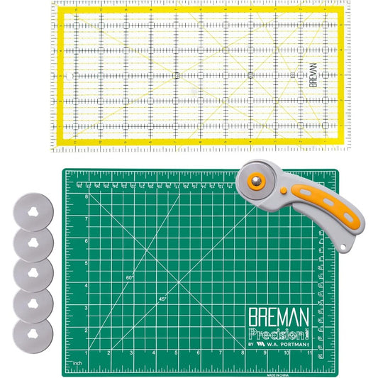 3pcs WA Portman Self-Healing Cutting Mat & Rotary Cutter Set with 5 Refill Blades, 9"x12" Fabric Quilting Ruler System, 45mm Fabric Cutter (with Lock) & Acrylic Ruler for quilting, sewing, DIY Crafts Kit - All-in-One Cutting
