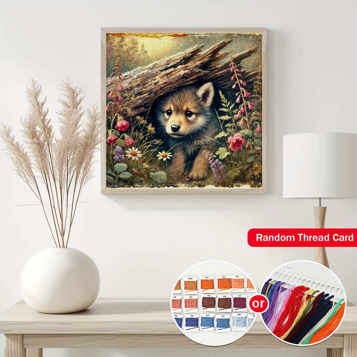 ZUOANLF 1set 40x40cm/15.7x15.7Inch DIY Cross Stitch Kit Frameless, Cute little Wolf, stamped cross stitch kits, Embroidery Set for Home Decor, Includes Patterned Fabric & Threads, Perfect for Living Room Entrance or Bedroom D