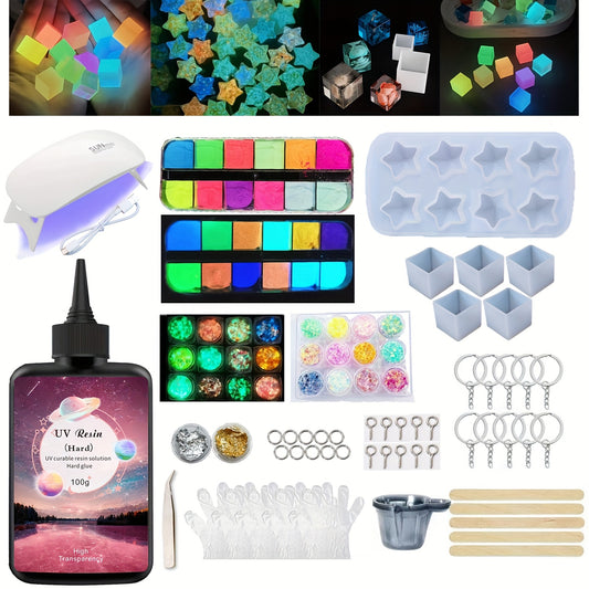 Handmade DIY Set, Resin Luminous Kit, 100g Crystal Clear Resin Kit With Mold, 12w & 8pcs Lamp Beads Resin Lamp For Making Luminous Ornaments, Earrings, Necklaces, Key Chains