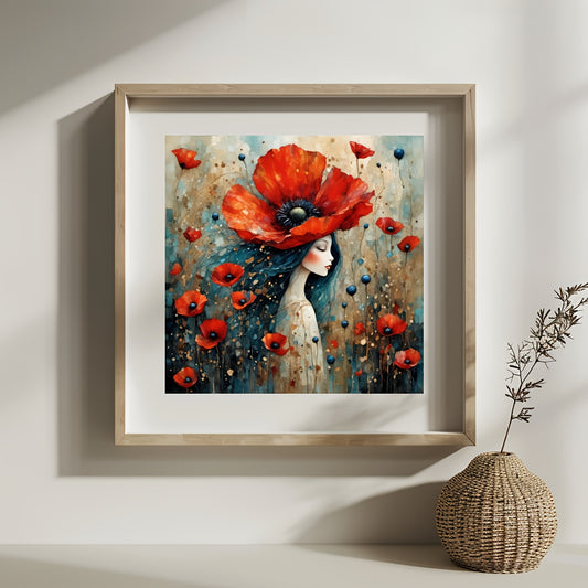 JOZYSH 1pc 11x11in Cross Stitch DIY Kit - Vibrant Woman with Poppy Flower Design, Includes Canvas, Threads, Needle & Instructions - Ideal for Beginners, Perfect for Bedroom or Living Room Wall Decor, Relaxing Hobby Gift, Begi