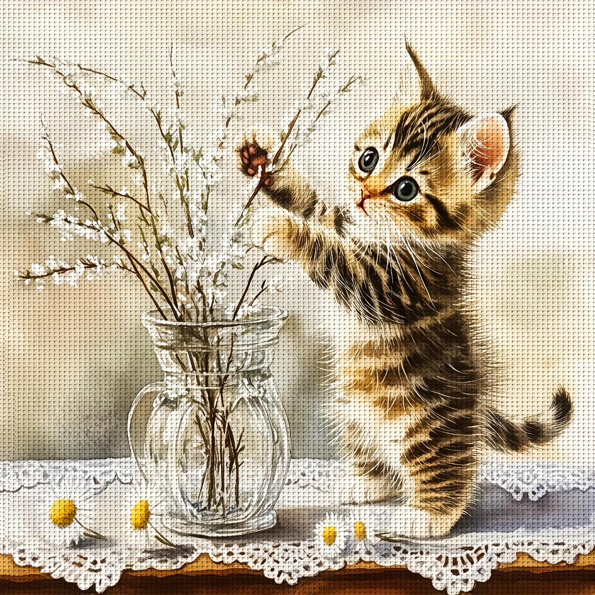 JOZYSH DIY Cross Stitch Kit - 11x11 Inch/30x30cm - Playful Kitten with Flower Vase Design, Fabric Embroidery Pattern for Home Decor, Includes Printed Image, Embroidery Fabric, Threads, Needle & Instructions, Ideal Christmas G