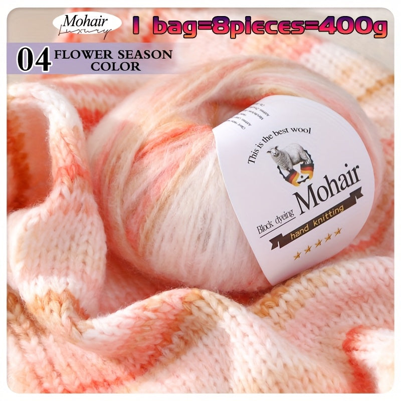 1 Bag = 8 Balls = 400g Multicolor Self-Striping Mohair Yarn | Fashion Sweaters, Coats, Shawls, Trench Coats, Scarves, Hats, Gloves, Clothing Accessories - Polyester 80%, Wool 10%, Nylon 10%