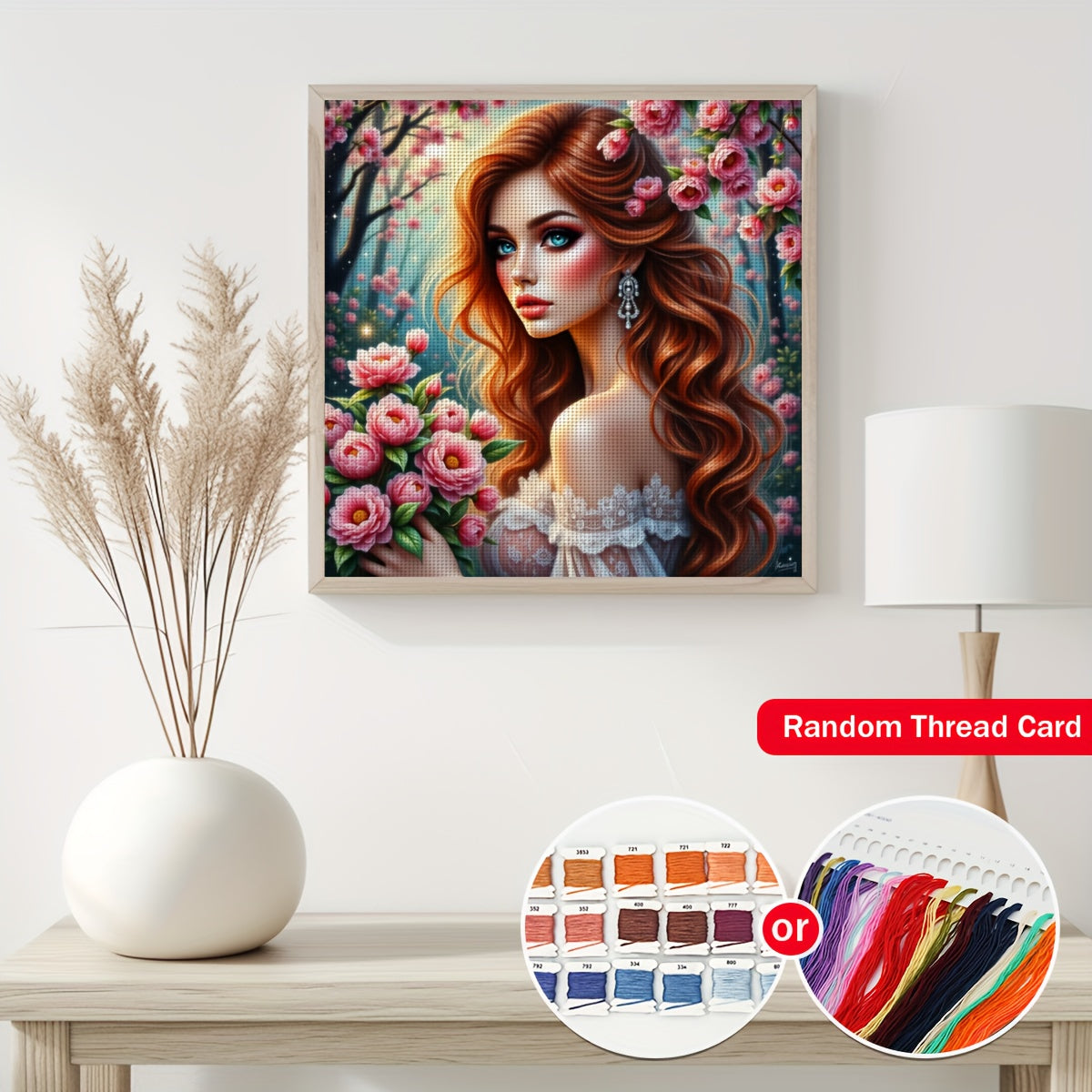 JOZYSH 1set 40x40cm/15. 7x15. 7Inch DIY Cross Stitch Kit Frameless, A beautiful woman, stamped cross stitch kits, Embroidery Set for Home Decor, Includes Patterned Fabric & Threads, Perfect for Living Room Entrance or Bedroom