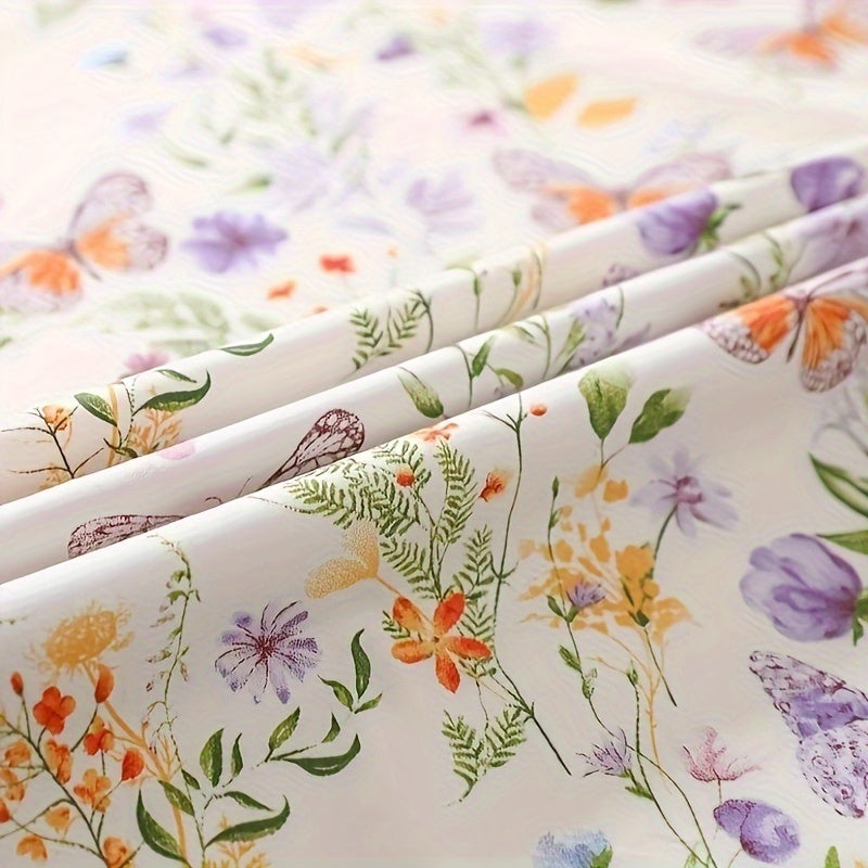 1pc Extra Long 39.4x63 Inches Large Roll - Pastel Floral fabric with Butterflies, Lilac, Violet, Orange, Yellow, Green, Purple, Pink, White - Pre-Cut Crafting Cloth for DIY Sewing Projects, Cushion Covers, Tablecloths, Curtai