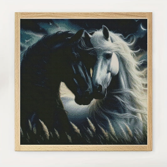 DIY Full 11CT Embroidery Cross Stitch Kits Majestic Black and White Horses Under Night Sky Pre Printed Aida Cloth Needles Threads Animal Art Cross Stitch Kit for Home Decor