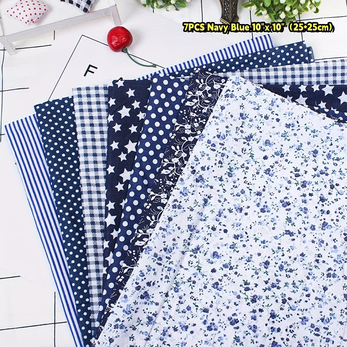 7pcs Navy Blue 10" X 10" (25*25cm)Cotton Fabric DIY Making Supplies Quilting Patchwork Gingham Fabric Fat Quarter Bundles DIY For Quilting Cotton Patchwork Cushions, Suitable For Making Father'S Day, Thanksgiving, New Year An