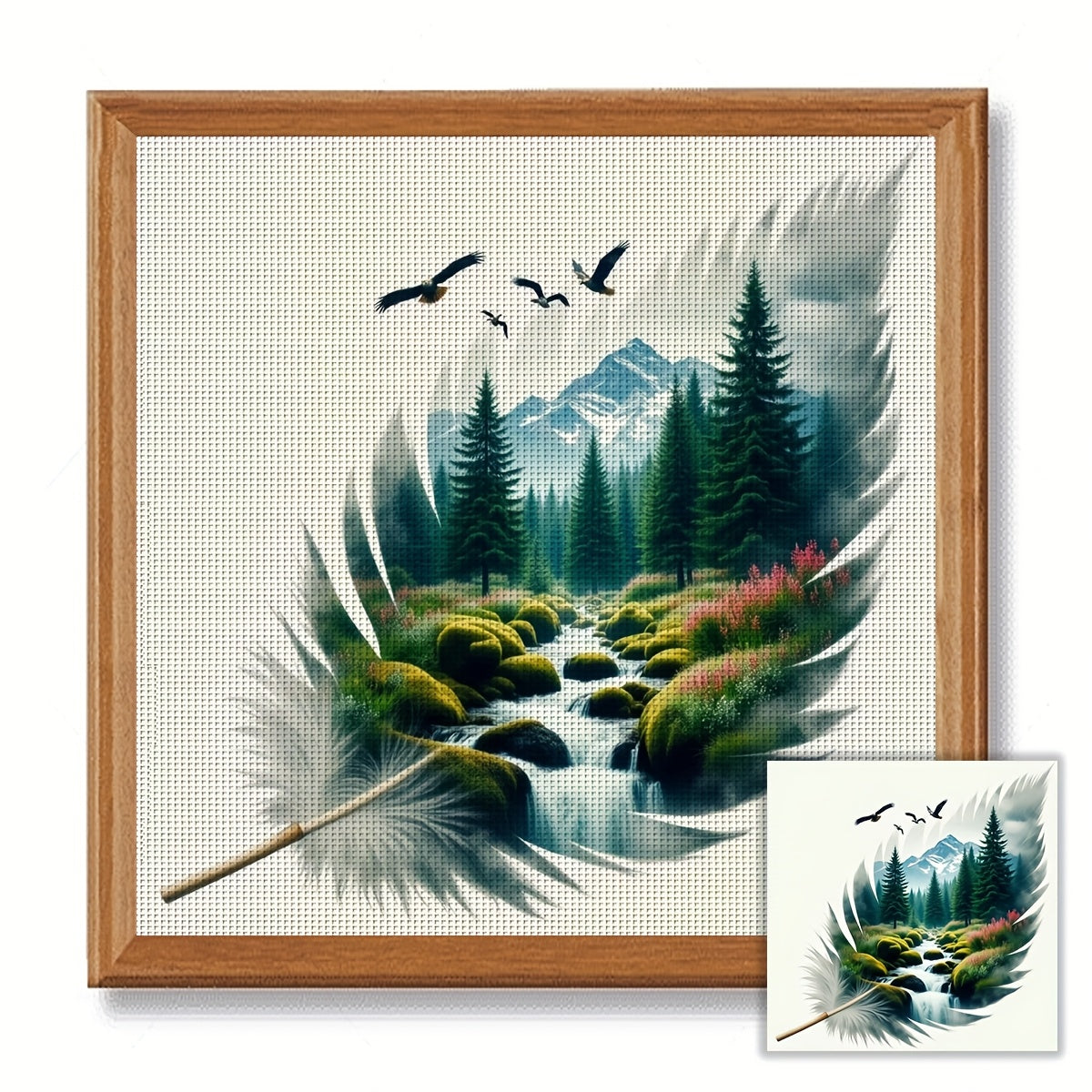JOZYSH 1pc, 40x40cm/15.7x15.7in Cross Stitch Kit - Feather Landscape Wall Art, Detailed Mountain & River Scene with Birds, Ideal for Living Room or Bedroom Decor, All-Season Holiday Gift, Includes Printed Pattern, Fabric, Thr