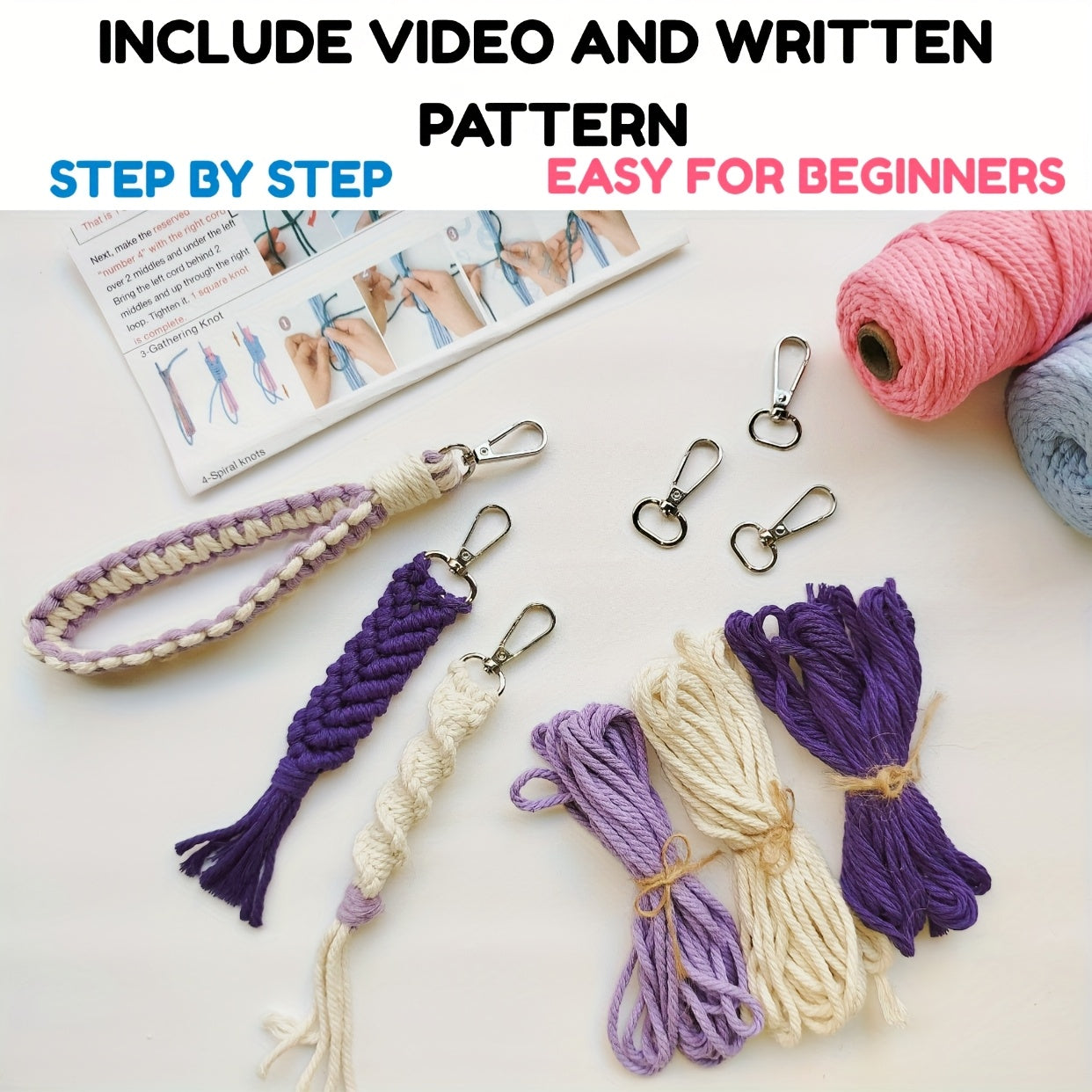 3pcs Macrame Keychain DIY Kit - Easy-to-Follow Instructions, Polyester Rope in Beige, Purple, and Cream, Perfect for Beginners & Ideal Holiday Gift, All-Season Craft Kit|Macrame Crafts|Polyester Rope