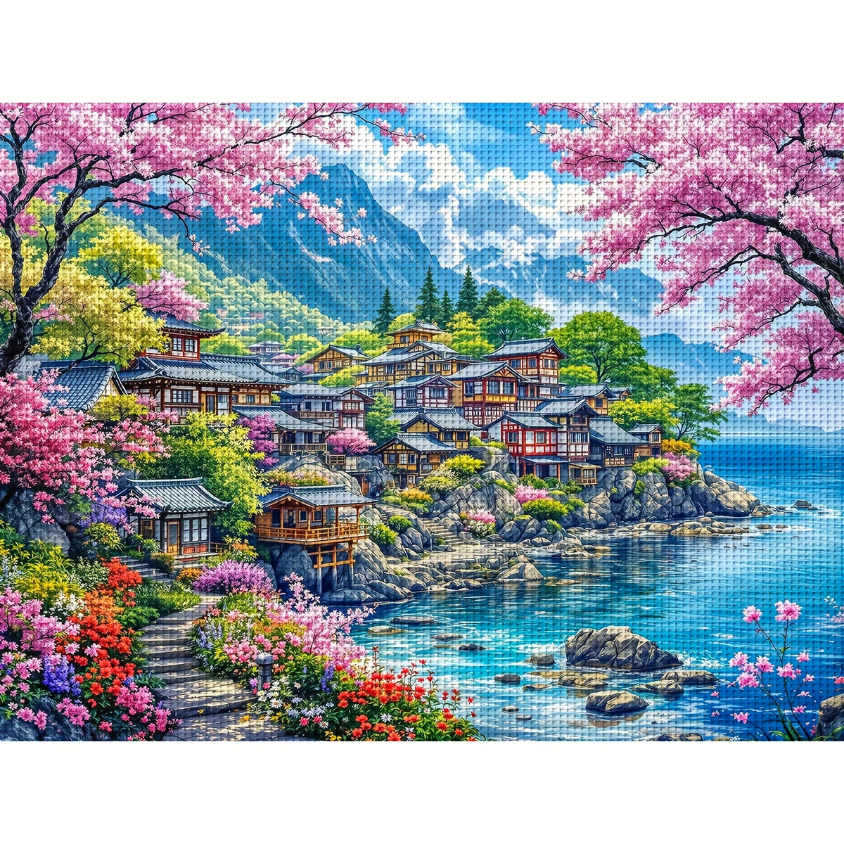 ZUOANLF 1 Set 15.75x19.69inch DIY Cross Stitch Kit - Vibrant Japanese Village Landscape with Cherry Blossoms, Blue Sea, and Mountains, Frameless, All-Season Home Decor for Living Room, Entryway, or Bedroom, Frameless Artwork
