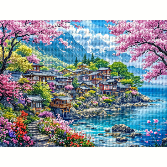 ZUOANLF 1 Set 15.75x19.69inch DIY Cross Stitch Kit - Vibrant Japanese Village Landscape with Cherry Blossoms, Blue Sea, and Mountains, Frameless, All-Season Home Decor for Living Room, Entryway, or Bedroom, Frameless Artwork
