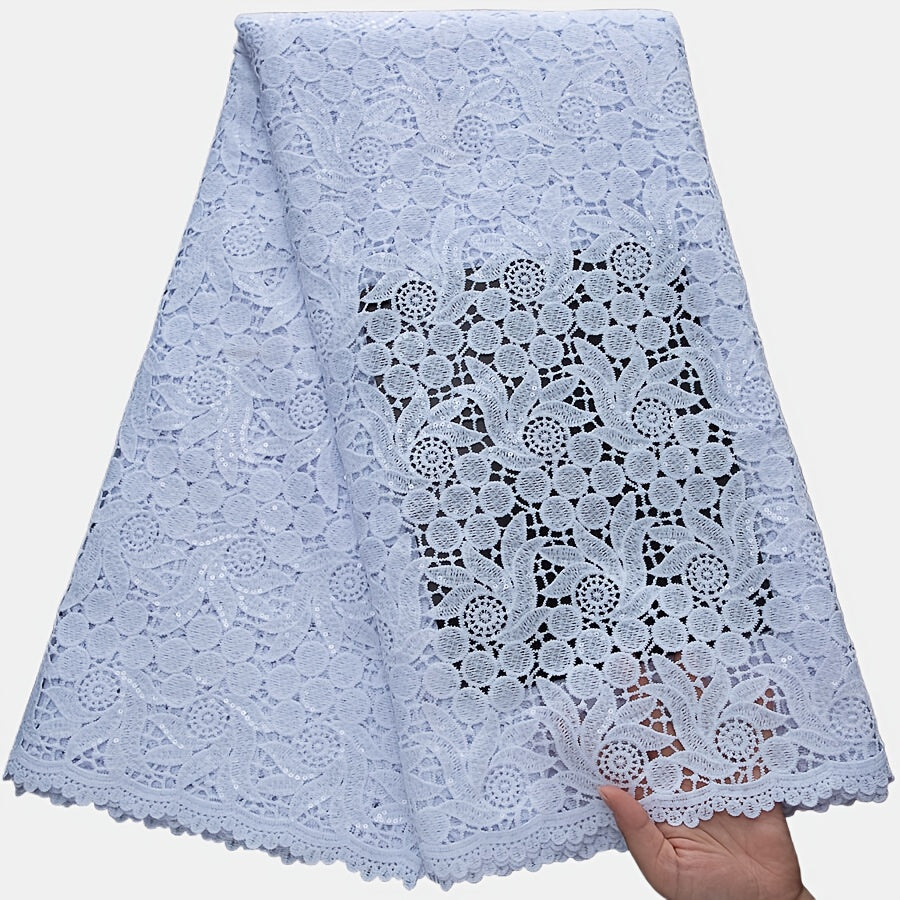 White African Water-Soluble Lace Fabric with Sequins - Nigerian Style Floral Pattern for Wedding, Party, and Prom Dresses, Hand Wash Only, Wedding Dresses, Party Dresses, Elegant Dresses, Intricate Lacework