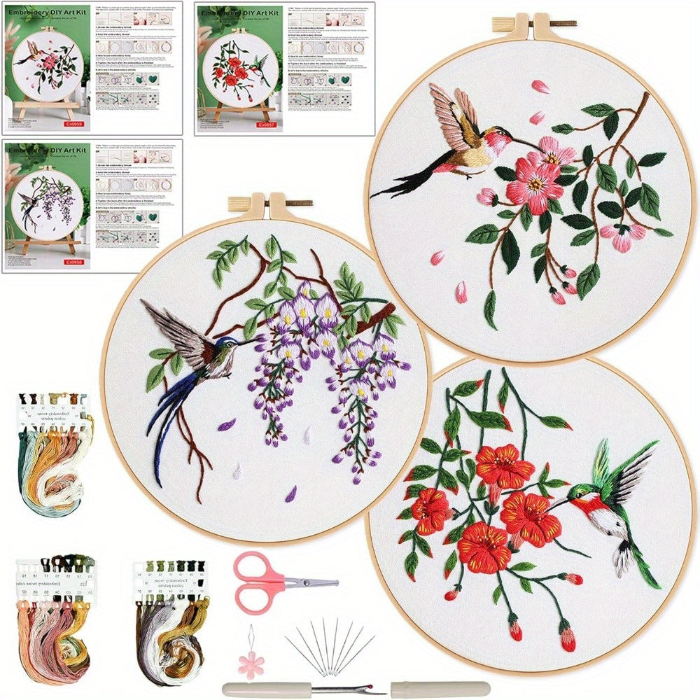 3 Hummingbird Embroidery Kits, Needle Felting Kits (for Adults) Cross Stitch Kits with Clear Instructions, Easy and Fun Printed Bird and Flower Patterns Fabric Crafts, Gifts for Beginning Embroidery Lovers