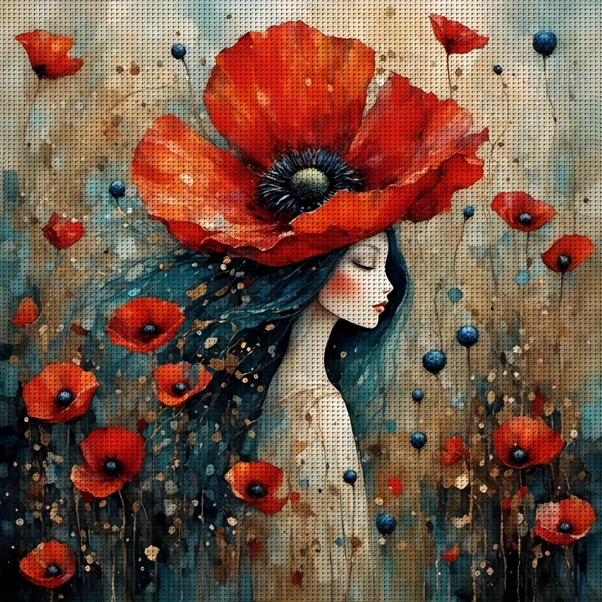 JOZYSH 1pc 11x11in Cross Stitch DIY Kit - Vibrant Woman with Poppy Flower Design, Includes Canvas, Threads, Needle & Instructions - Ideal for Beginners, Perfect for Bedroom or Living Room Wall Decor, Relaxing Hobby Gift, Begi