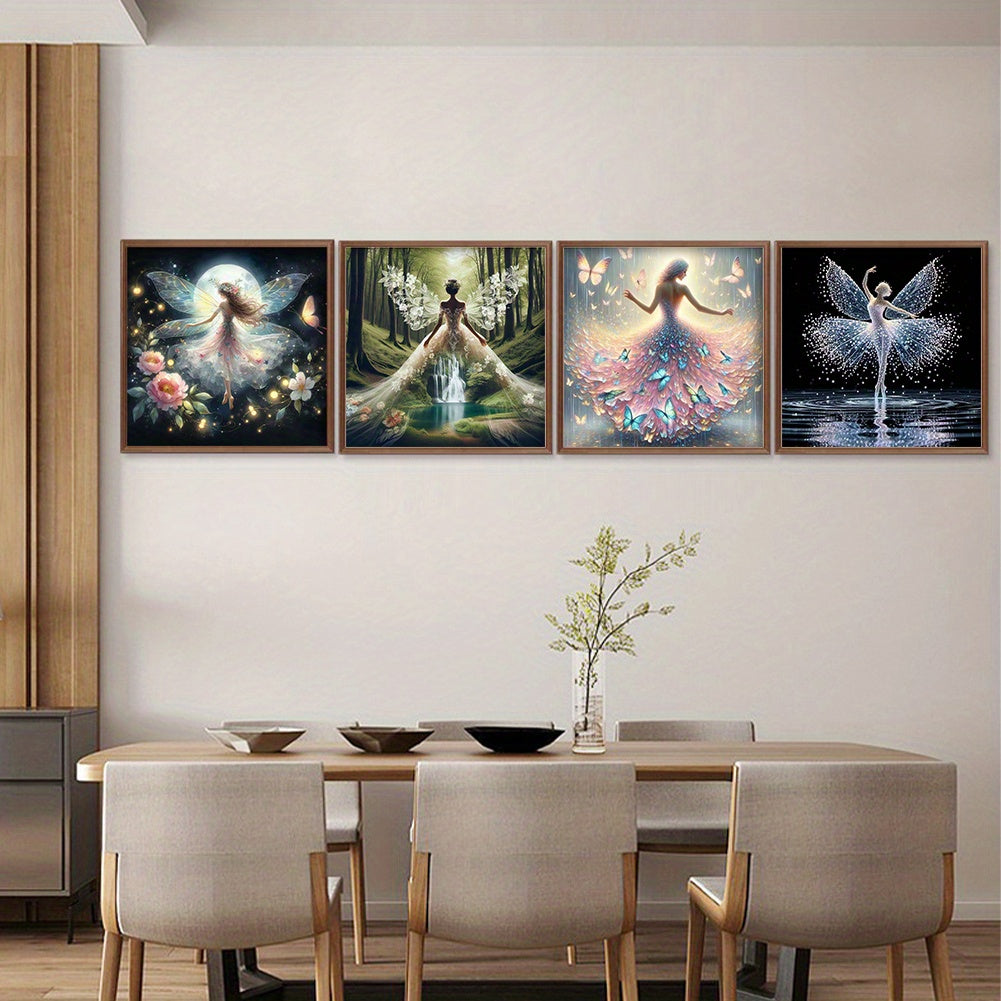 4pcs 11CT Butterfly Fairy Cross Stitch Kits with Pre-Printed Fabric & Threads - 4 Unique Fairy Designs (Moonlight, Forest, Waterfall, Dance) - Complete DIY Needlecraft Set for Wall Art, Housewarming & Holiday Gifts for Adults