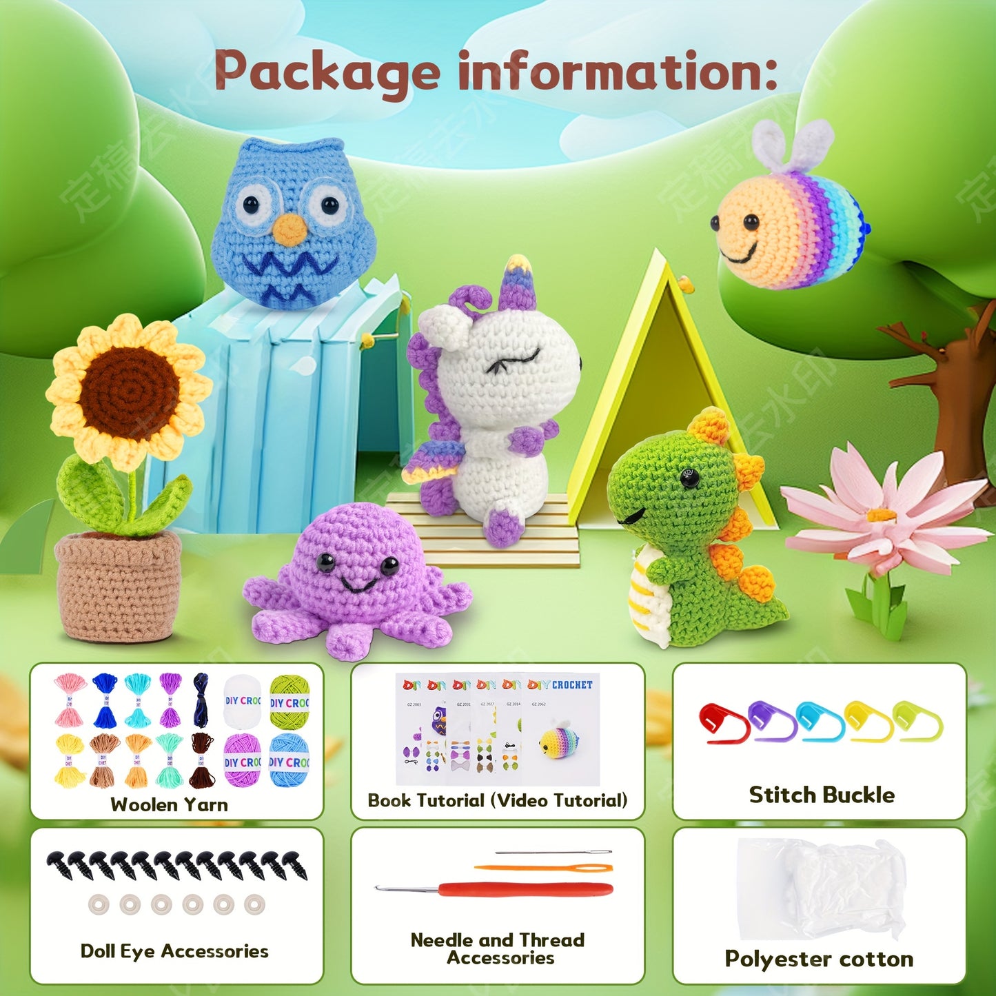 Fabric DIY Crochet Kit for Beginners - 6pcs Kawaii Amigurumi Animals Set, Mixed Color Yarn Plush Stuffed Animals, All Seasons Crafting Supplies